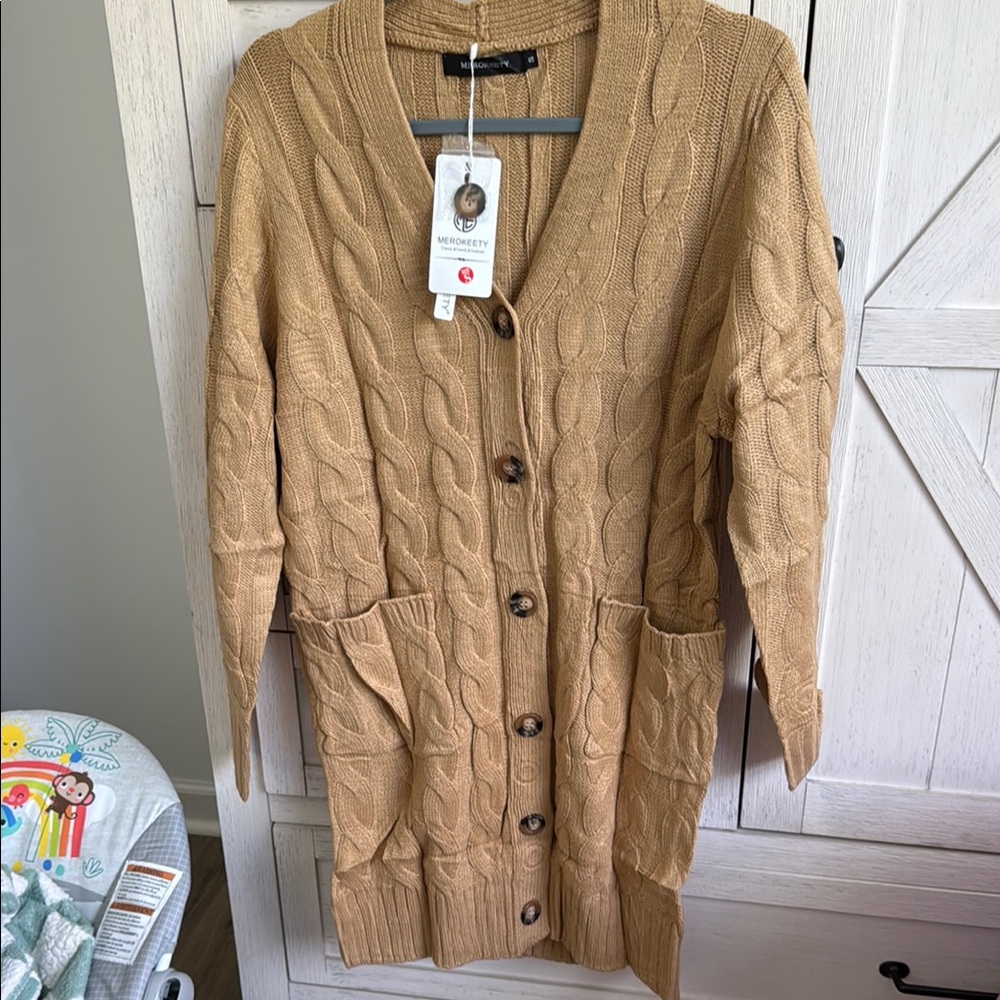 Tan Cable Knit Cardigan Sweater